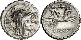 (hacia 118 a.C.). Gens Cosconia. Denario. (Bab. 1) (Craw. 282/2). Pequeñas marcas en anverso. 3,90 g. MBC+.