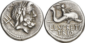 (hacia 76 a.C.). Gens Lucretia. Denario. (Bab. 3) (Craw. 390/2). 3,75 g. MBC.