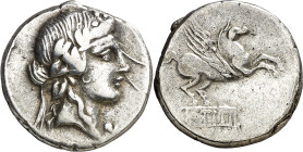 (hacia 90 a.C.). Gens Titia. Denario. (Bab. 2) (Craw. 341/2). 3,69 g. MBC.