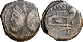 (46-45 a.C.). Cnaeo Pompeyo. As. (Spink 1386) (Craw. 471/1) (FAB. R.26) (ACIP. 4015). Cabeza grande. 20,43 g. MBC-.