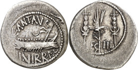 (32-31 a.C.). Marco Antonio. Denario. (Spink 1479 var) (S. 28) (Craw. 544/15). Contramarca en anverso. 3,97 g. MBC+.