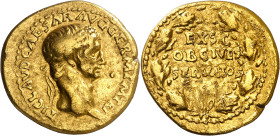 (41-42 d.C.). Claudio. Áureo. (Spink 1831) (Co. 34) (RIC. 15) (Calicó 356a). Golpecitos. 7,55 g. (MBC).