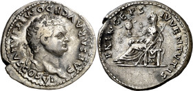 (79 d.C.). Domiciano. Denario. (Spink 2641) (S. 378) (RIC. 1087, de Vespasiano). Raspadura en canto. 3,18 g. MBC.