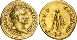 (102 d.C.). Trajano. Áureo. (Spink 3095 var) (Co. 231 var) (RIC.49 var) (Calicó 1053a). Sirvió como joya. 7,24 g. (MBC).