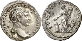 (107 d.C.). Trajano. Denario. (Spink 3165 var) (S. 467b) (RIC. 165). Oxidación limpiada en anverso. 3,08 g. (EBC).
