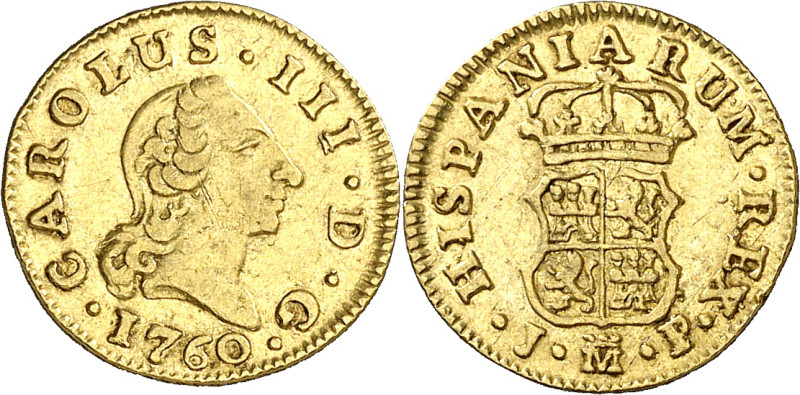 1760. Carlos III. Madrid. JP. 1/2 escudo. (AC. 1242). Corona lisa. 1,78 g. MBC+.