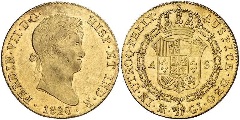 1820. Fernando VII. Madrid. GJ. 4 escudos. (AC. 1716). Leves marquitas. Bella. B...