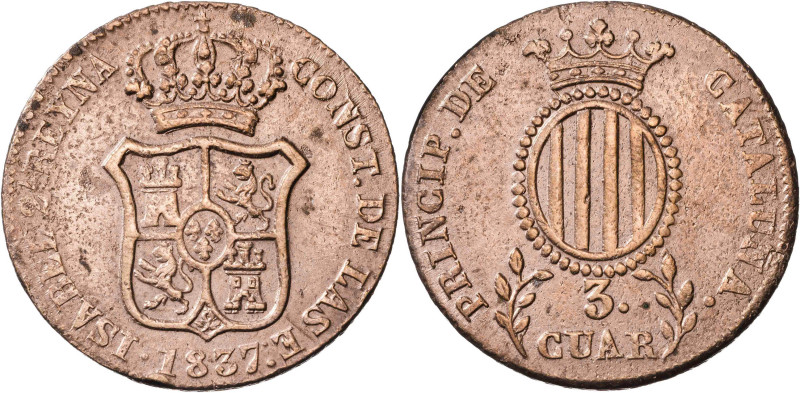 1837. Isabel II. Barcelona. 3 cuartos. (AC. 5). Limpiada. 7,33 g. MBC.