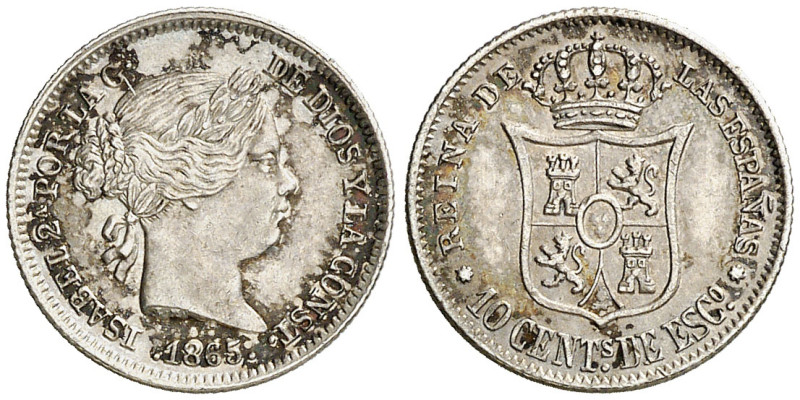 1865. Isabel II. Sevilla. 10 céntimos de escudo. (AC. 342). Pátina. Escasa. 1,32...