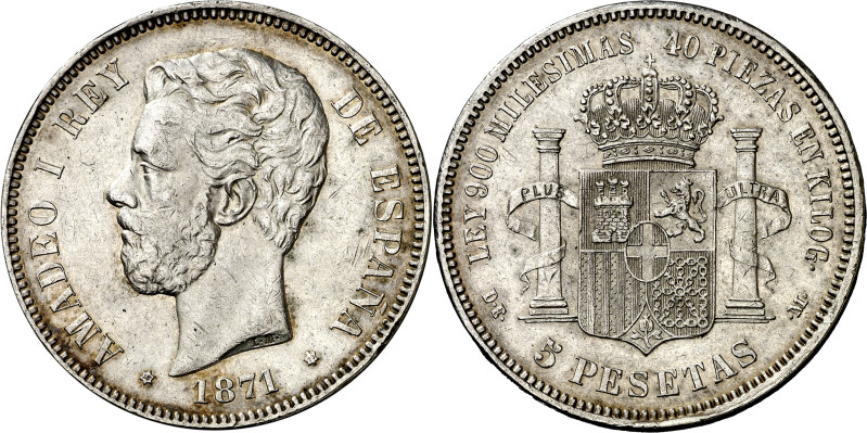 1871*1873. Amadeo I. DEM. 5 pesetas. (AC. 3). Rara. 24,82 g. MBC+.