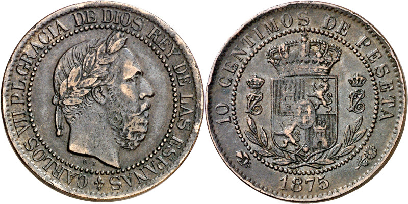 1875. Carlos VII, Pretendiente. Oñate. 10 céntimos. (AC. 5). 10,31 g. MBC.