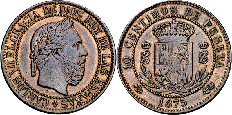 1875. Carlos VII, Pretendiente. Oñate. 10 céntimos. (AC. 5). Bonita pátina. 9,94...