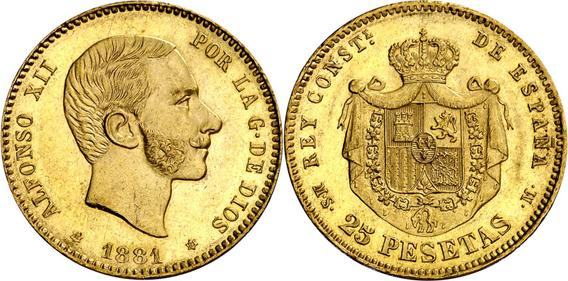 1881*1881. Alfonso XII. MSM. 25 pesetas. (AC. 82). Leves rayitas. 8,07 g. EBC.