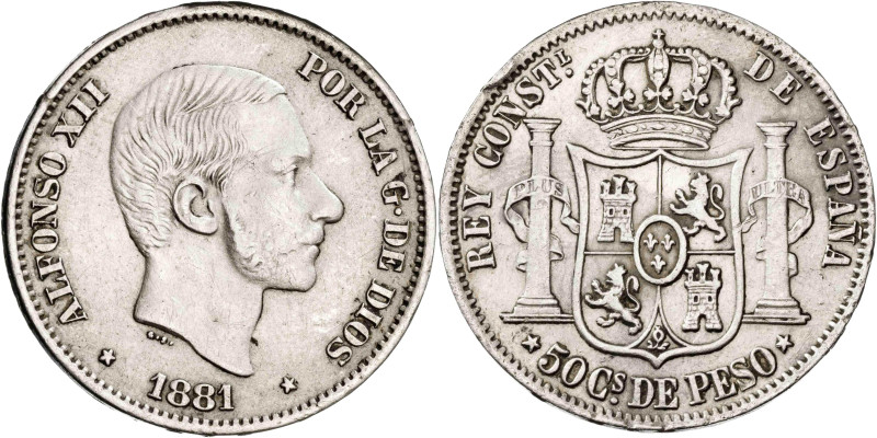 1881. Alfonso XII. Manila. 50 centavos. (AC. 114). Golpecitos. 12,80 g. MBC.