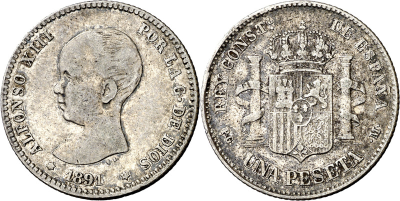 1891*--91. Alfonso XIII. PGM. 1 peseta. (AC. 53). 4,88 g. MBC.