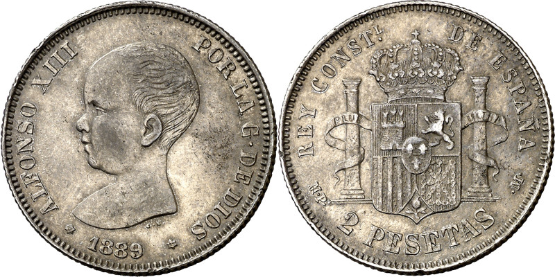 1889*1889. Alfonso XIII. MPM. 2 pesetas. (AC. 82). Escasa. 9,99 g. EBC-/MBC+.