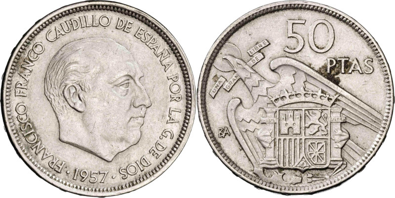 1957. Franco. BA (Barcelona). 50 pesetas. (AC. 156). 12,56 g. MBC+.