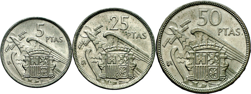 1957. Franco. BA (Barcelona). 5, 25 y 50 pesetas. (AC. 154 a 156). I Exposición ...