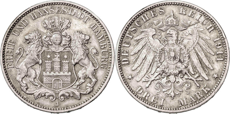 Alemania. Hamburgo. 1911. J (Hamburgo). 3 marcos. (KM. 620). AG. 16,65 g. EBC-.