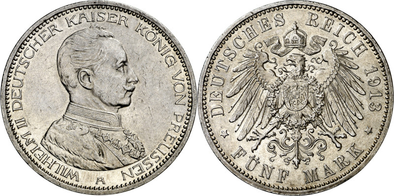 Alemania. Prusia. 1913. Guillermo II. A (Berlín). 5 marcos. (KM. 536). AG. 27,80...