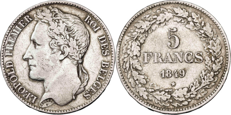 Bélgica. 1849. Leopoldo I. 5 francos. (KM. 3.2). AG. 24,86 g. MBC-.