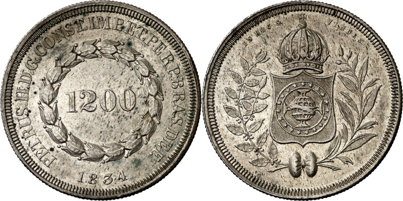 Brasil. 1834. Pedro II. 1200 reis. (KM. 454). Escasa. AG. 26,79 g. MBC.