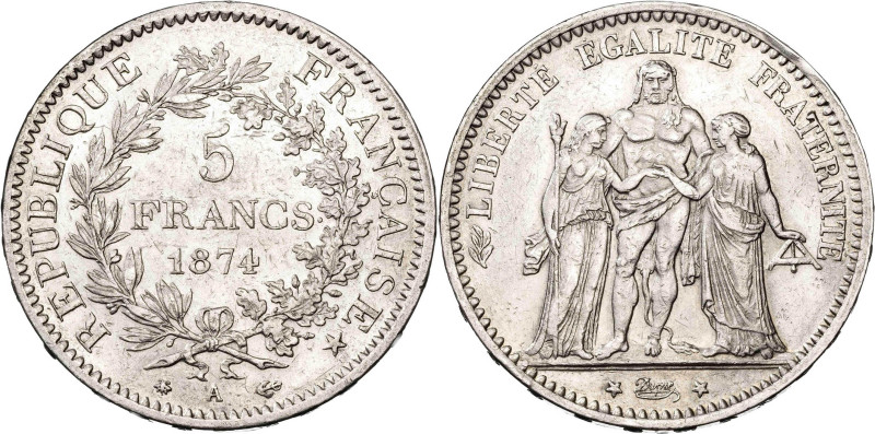 Francia. 1874. III República. A (París). 5 francos. (KM. 820.1). AG. 24,98 g. MB...