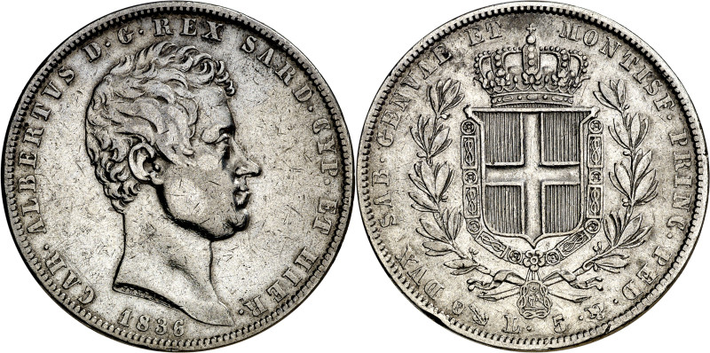 Italia. Cerdeña. 1836. Carlos Alberto. Génova. P. 5 liras. (KM. 130.2). Escasa. ...