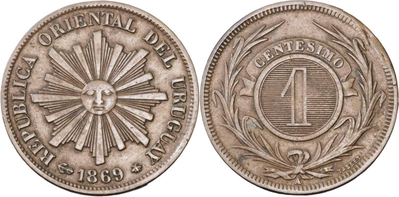 Uruguay. 1869. A (París). 1 centésimo. (KM. 11). CU. 4,94 g. MBC+.