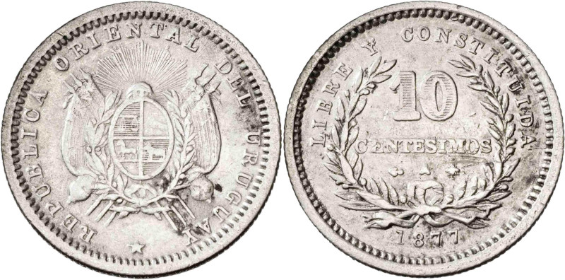 Uruguay. 1877. A (París). 10 centésimos. (KM. 14). AG. 2,47 g. MBC+.