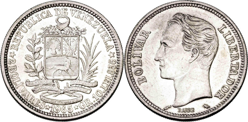 Venezuela. 1965. 2 bolívares. (KM. A37). AG. 10,04 g. S/C-.