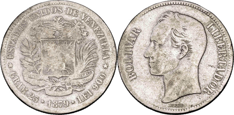 Venezuela. 1879. 5 bolívares. (KM. 24.1). AG. 23,94 g. BC+/BC.