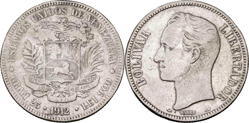 Venezuela. 1912. 5 bolívares. (KM. 24.2). AG. 24,70 g. MBC-.