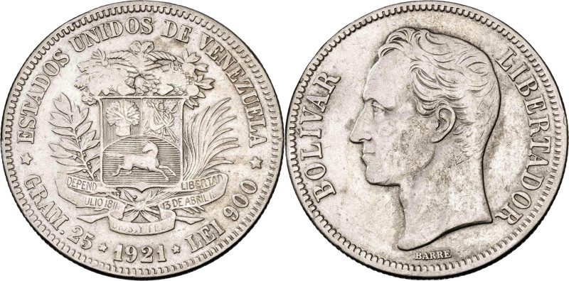 Venezuela. 1921. 5 bolívares. (KM. 24.2). AG. 24,81 g. MBC.