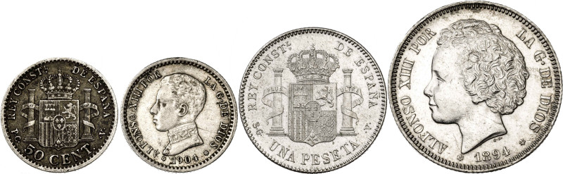 1894 a 1904. Alfonso XIII. 50 céntimos, 1 y 2 pesetas. Lote de 4 monedas. BC+/EB...