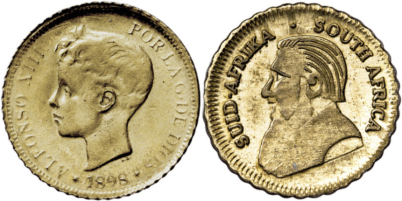 Lote de 2 miniaturas de la Casa Lauer: 5 pesetas, 1898 y 1 krugerrand, 1978. EBC...