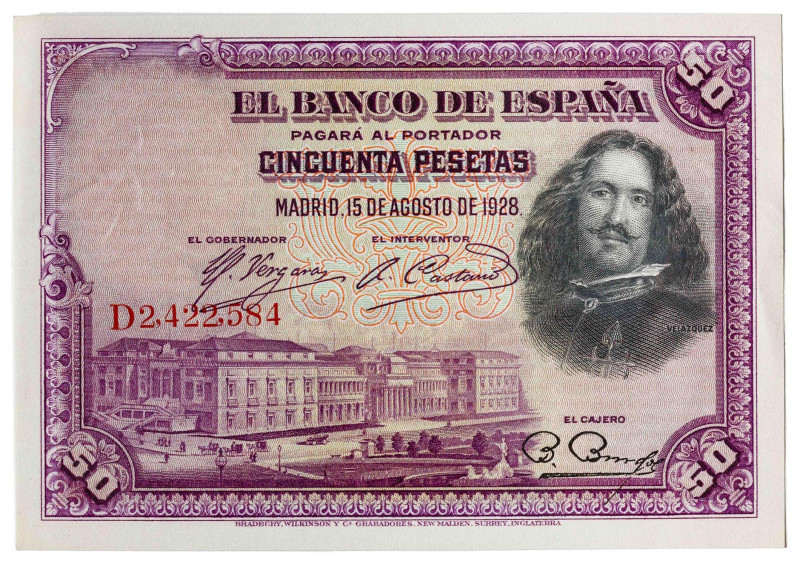 1928. 50 pesetas. (Ed. 354). 15 de agosto, Velázquez. Serie D. Leves marcas de m...