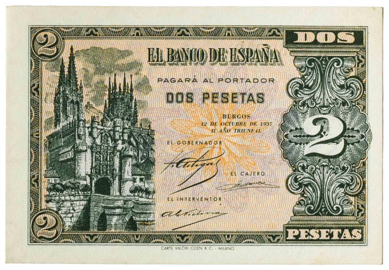 1937. Burgos. 2 pesetas. (Ed. 426). 12 de octubre. Serie A. Apresto original. Mu...