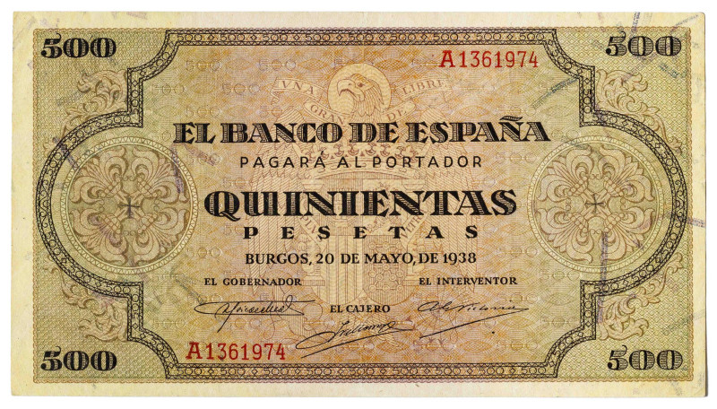 1938. Burgos. 500 pesetas. (Ed. 433). 20 de mayo. Leve doblez. Ex Colección Pére...