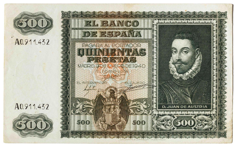 1940. 500 pesetas. (Ed. 439). 9 de enero, D. Juan de Austria. Leve doblez. Dos p...