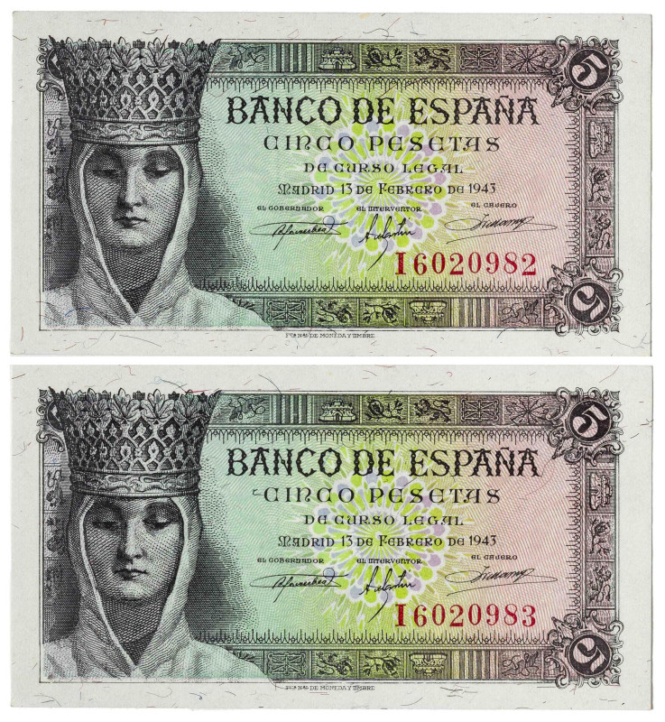 1943. 5 pesetas. (Ed. 446a). 13 de febrero, Isabel la Católica. Pareja correlati...