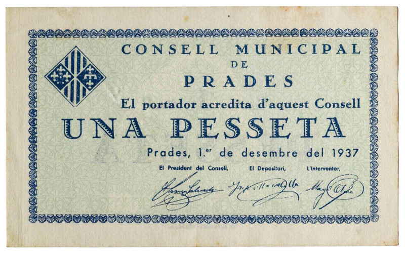 Prades. 1 peseta. (T. 2285 var). Sin numeración. Muy raro. EBC-.