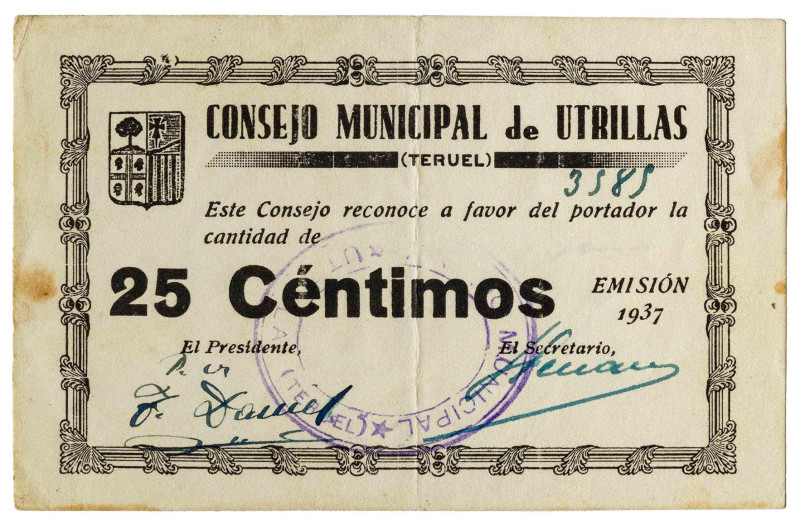 Utrillas (Teruel). Consejo Municipal. 25 céntimos. (KG. 760) (RGH. 5252). Raro. ...