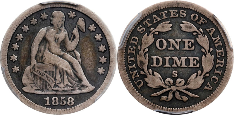 1858-S Liberty Seated Dime. Fine-15 (PCGS).
PCGS# 4618. NGC ID: 2393.