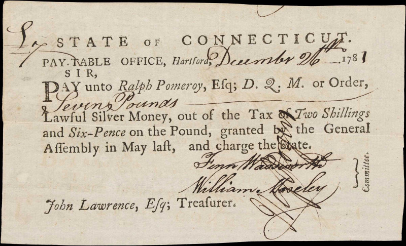 CT-Unlisted. Connecticut. December 26, 1781. 2 Shillings, 6 Pence. Very Fine to ...