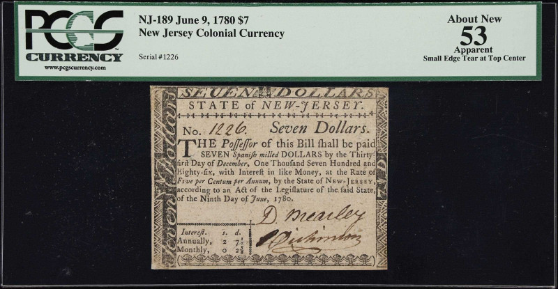 NJ-189. New Jersey. June 9, 1780. $7. PCGS Currency About New 53 Apparent. Small...