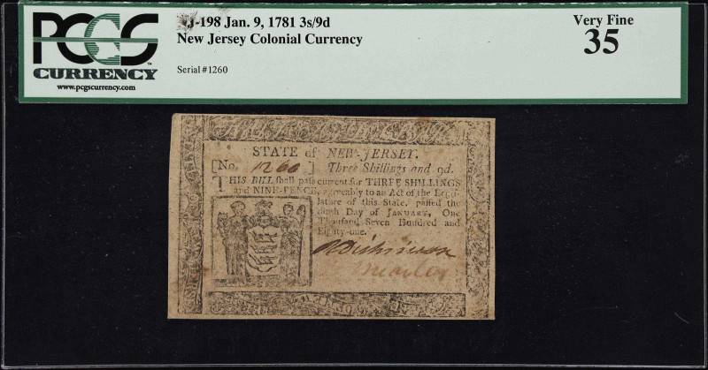 NJ-198. New Jersey. January 9, 1781. 3 Shillings, 9 Pence. PCGS Currency Very Fi...