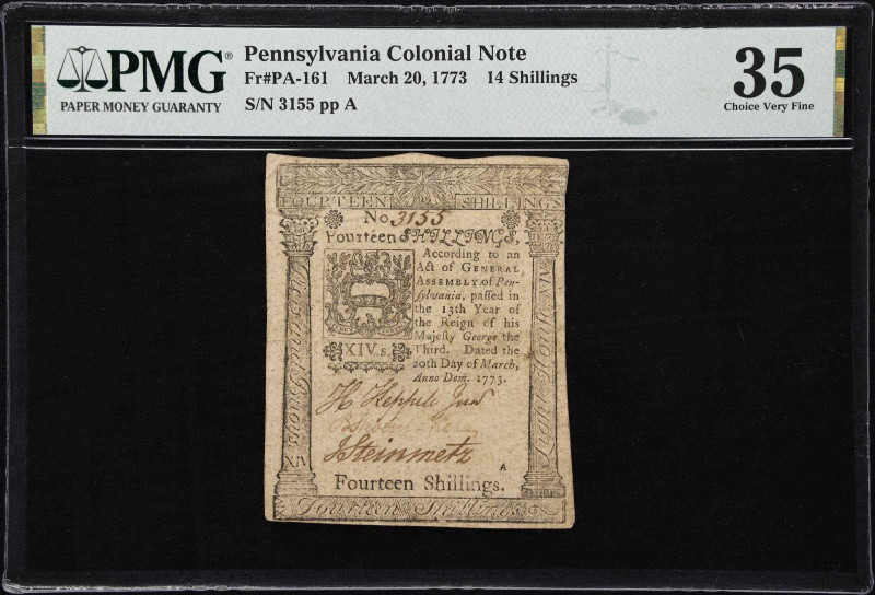 PA-161. Pennsylvania. March 20, 1773. 14 Shillings. PMG Choice Very Fine 35.
No...