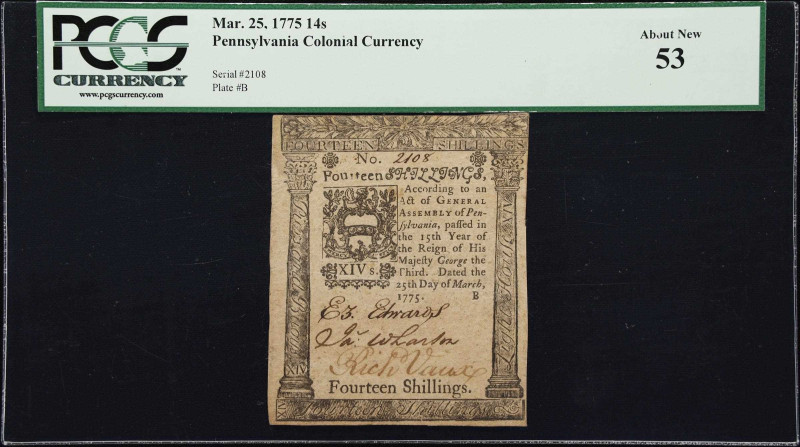 PA-173. Pennsylvania. March 25, 1775. 14 Shillings. PCGS Currency About New 53....