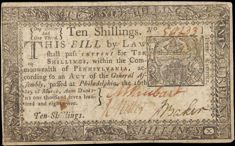 PA-270. Pennsylvania. March 16, 1785. 10 Shillings. Very Fine.
No. 54233?. A ri...